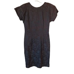 Vtg 80s Does 40s Black Brown Brocade Dress Bow V Back Wiggle Sheath Dress Sz S/M